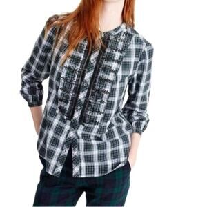 J. Crew Embellished Sequin Button Up Tartan Plaid Top Forest Green Cotton Medium